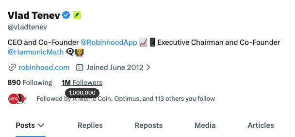 Vlad Tenev X profile at 1 million followers